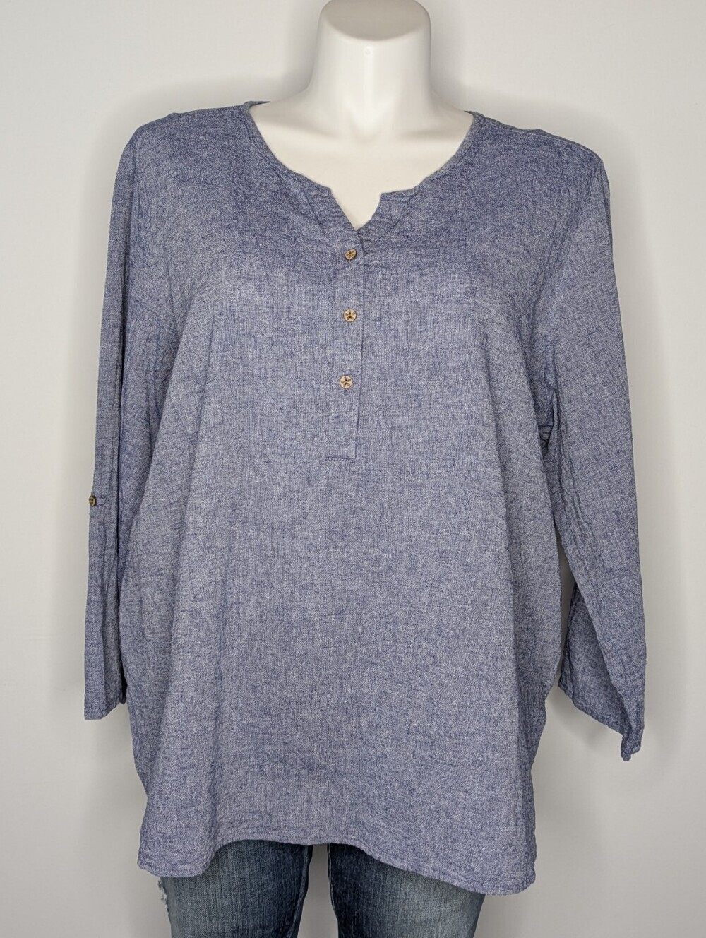 Hester & Orchard Blue Long Sleeve Linen Cotton Oversized Lagenlook Top 1X